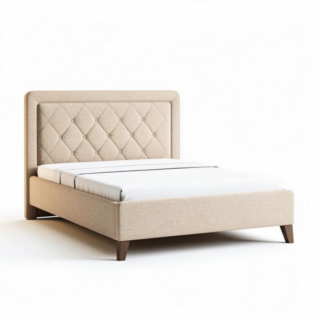 Fabric upholstered bed frame with tufted headboard in beige 190 x 150 x 40cm