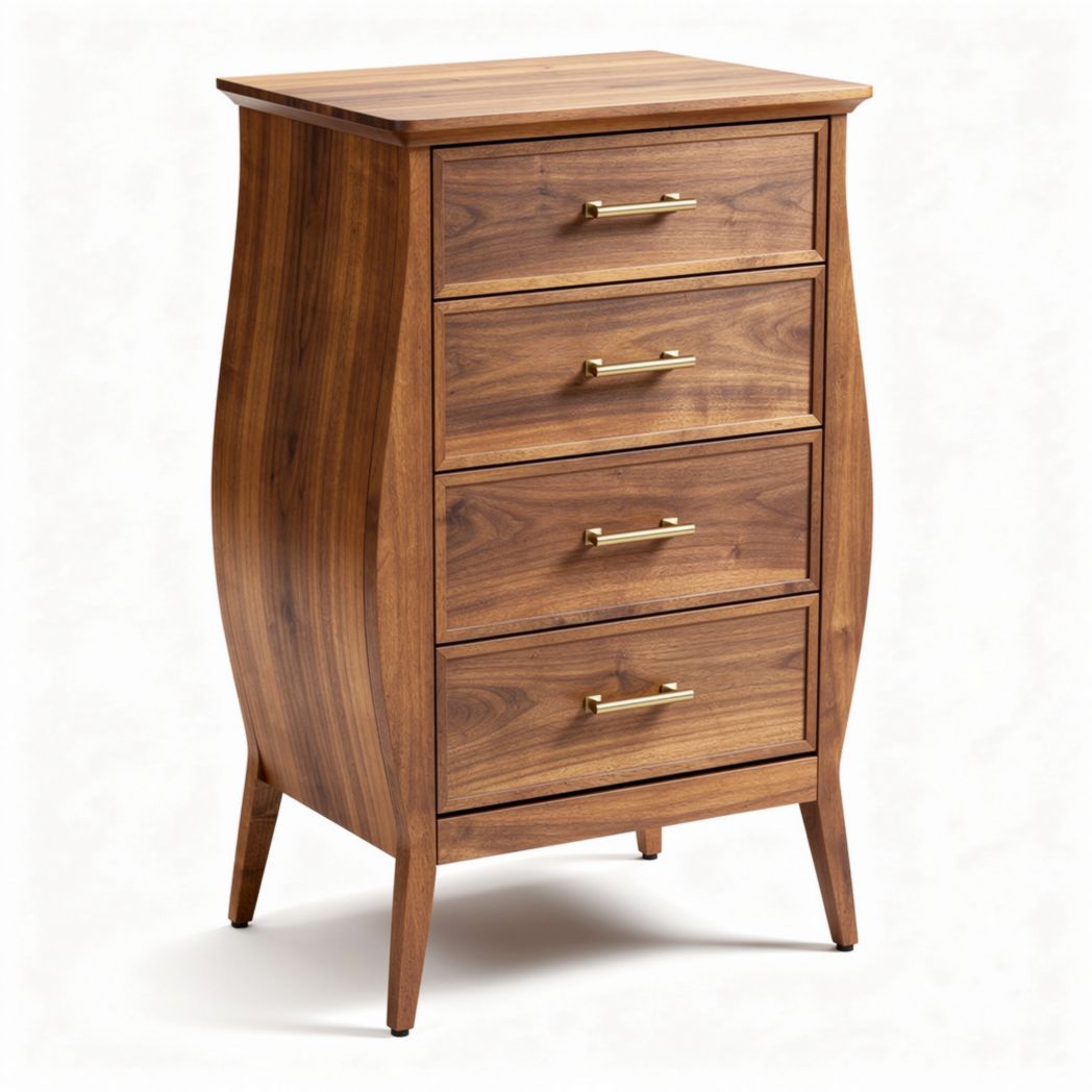 Modern wooden chest of drawers with four storage compartments in walnut finish