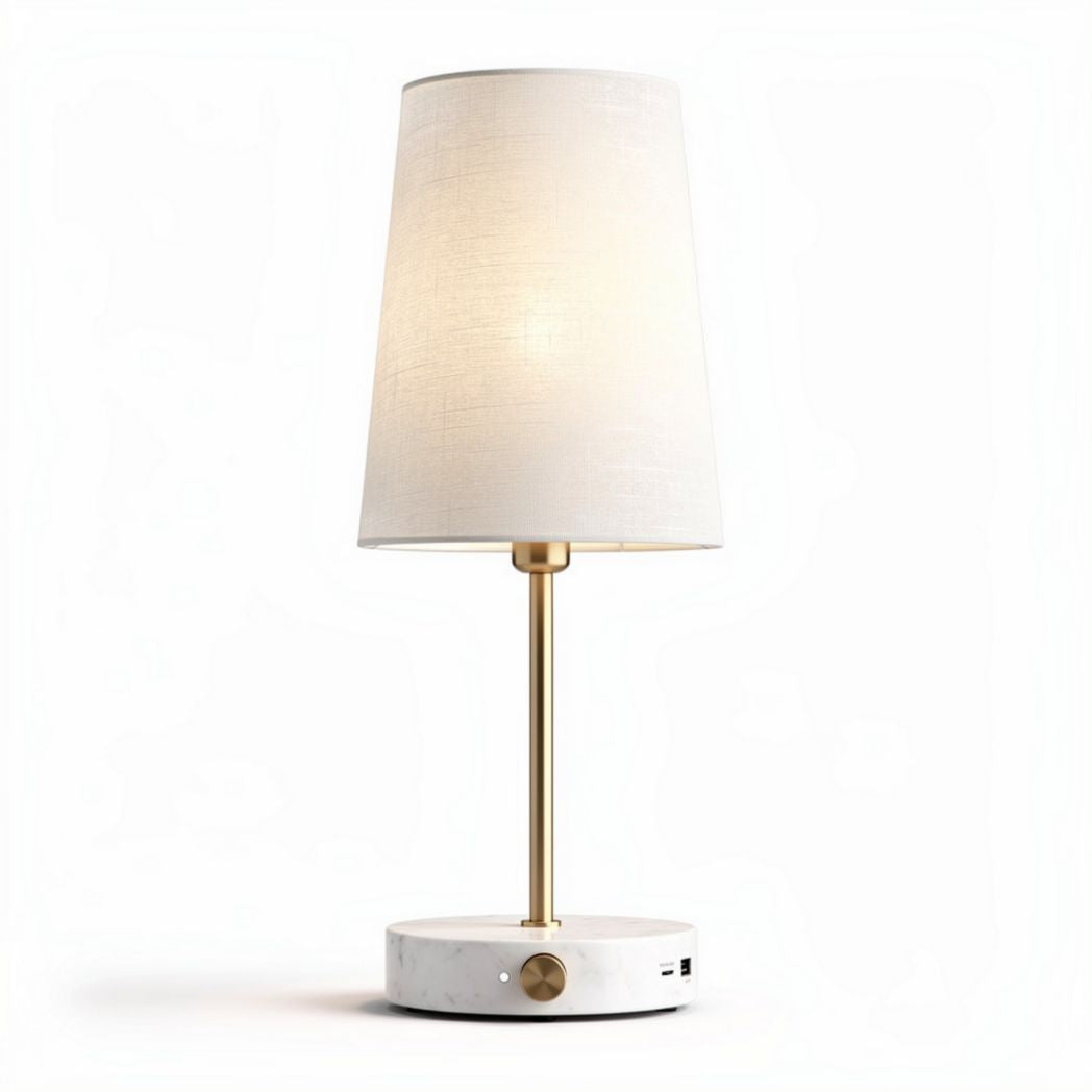 Marble base table lamp with white fabric shade and USB port 15 x 15 x 40cm