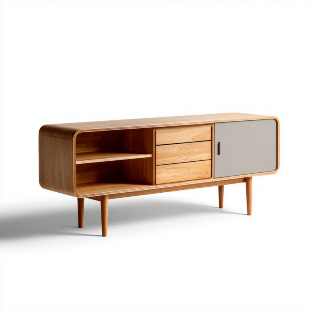 Bamboo media console with glass door and open shelving 140 x 40 x 50cm