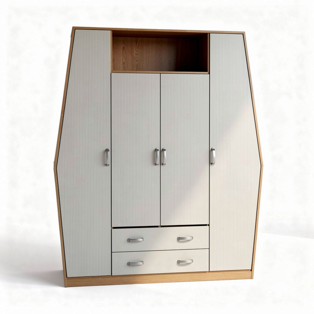 Modern wooden cabinet with three doors and two drawers in white finish