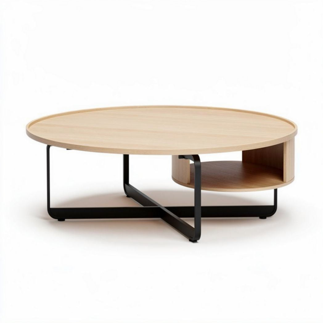 Wooden coffee table with round top and open storage shelf 100 x 100 x 35cm