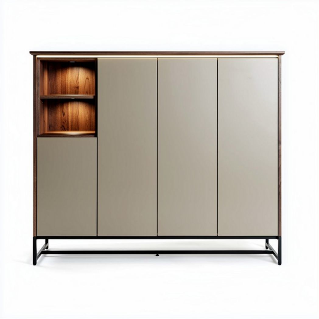 Modern wooden storage cabinet with grey doors and open shelf design 120 x 40 x 90cm