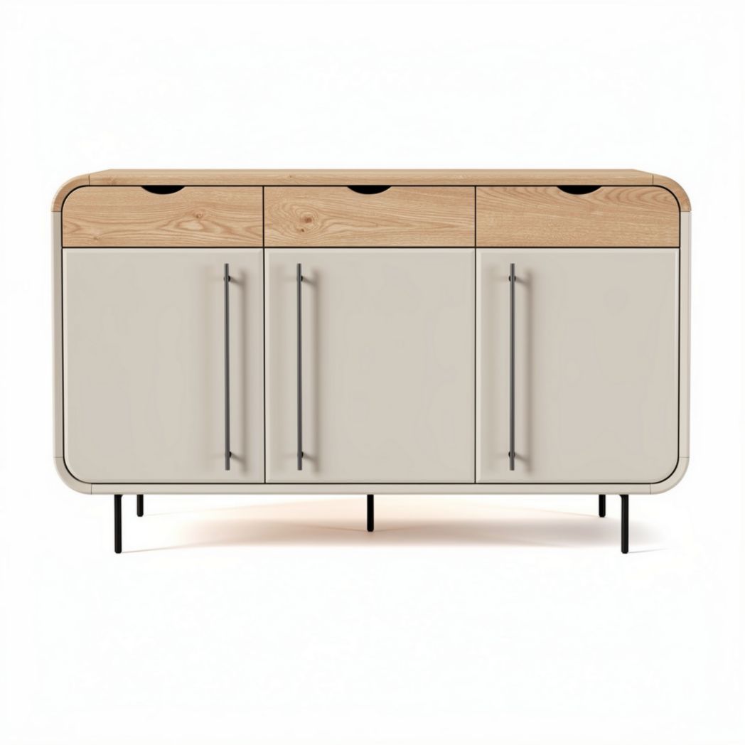 Wooden sideboard with three drawers and three doors in beige and oak finish