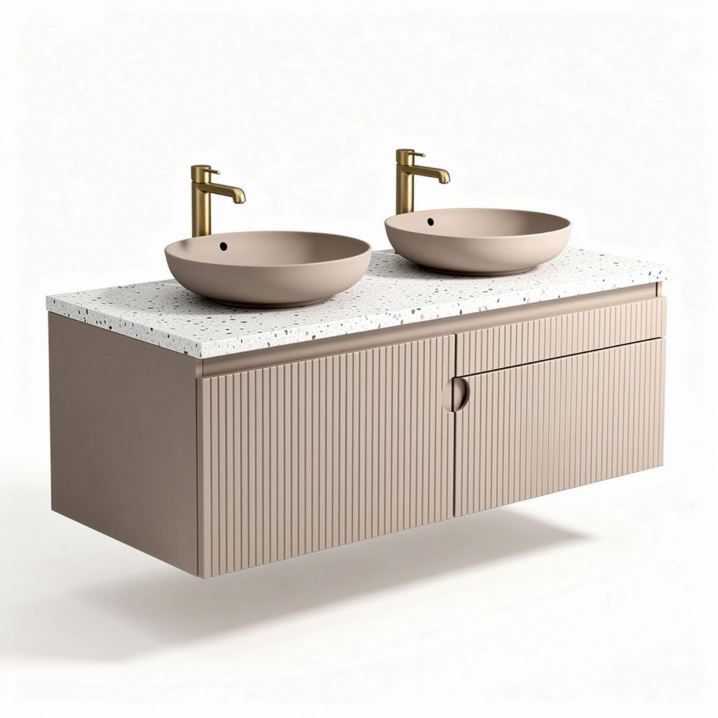 Wall-mounted bathroom vanity with dual ceramic sinks and countertop storage in beige 120 x 50 x 30cm