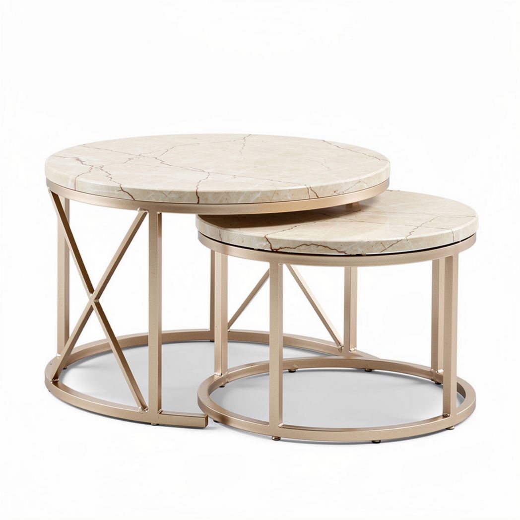 Marble top nested coffee tables with metal base in gold finish 50 x 50 x 45cm