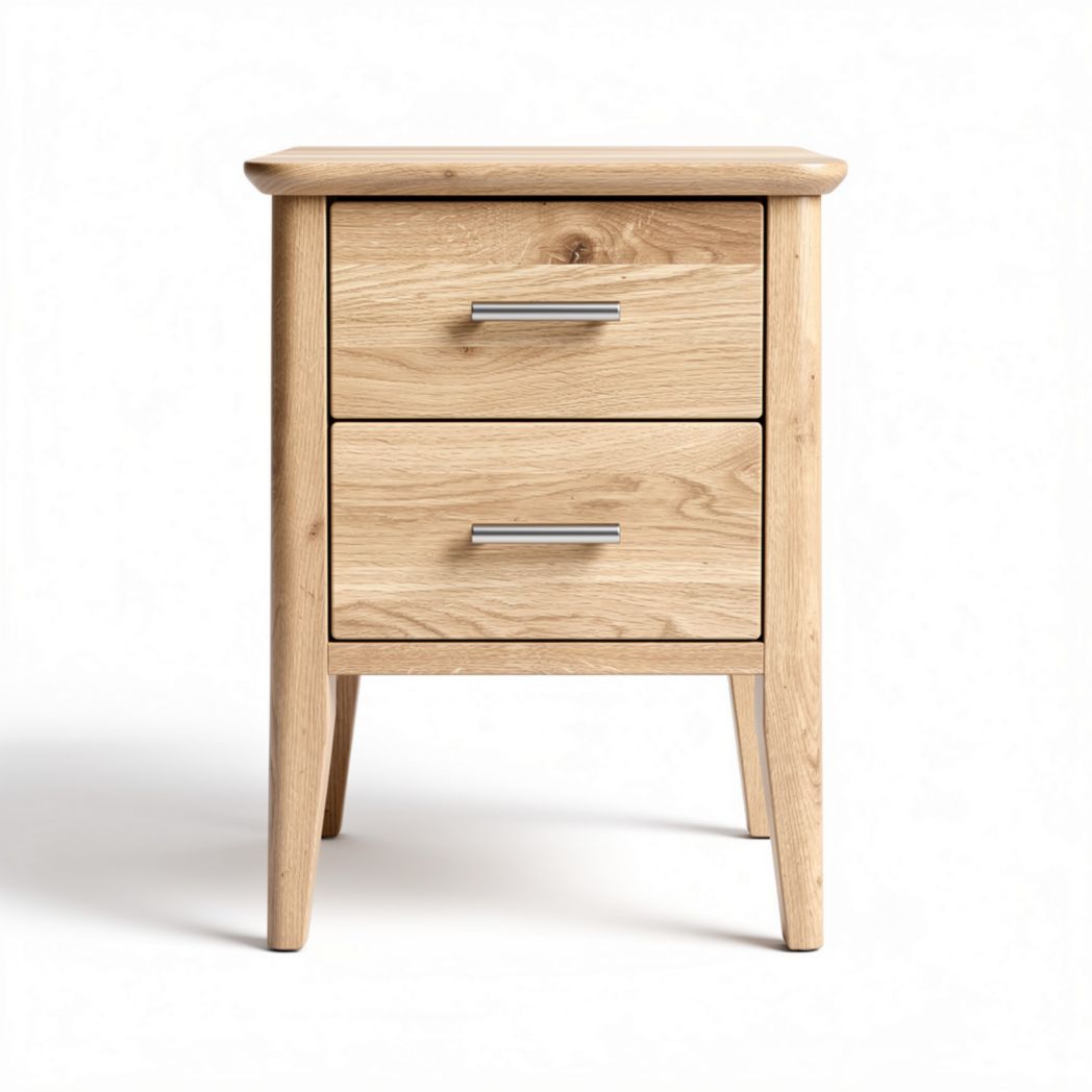 Natural oak wood nightstand with two drawers and silver handles 45 x 40 x 55cm