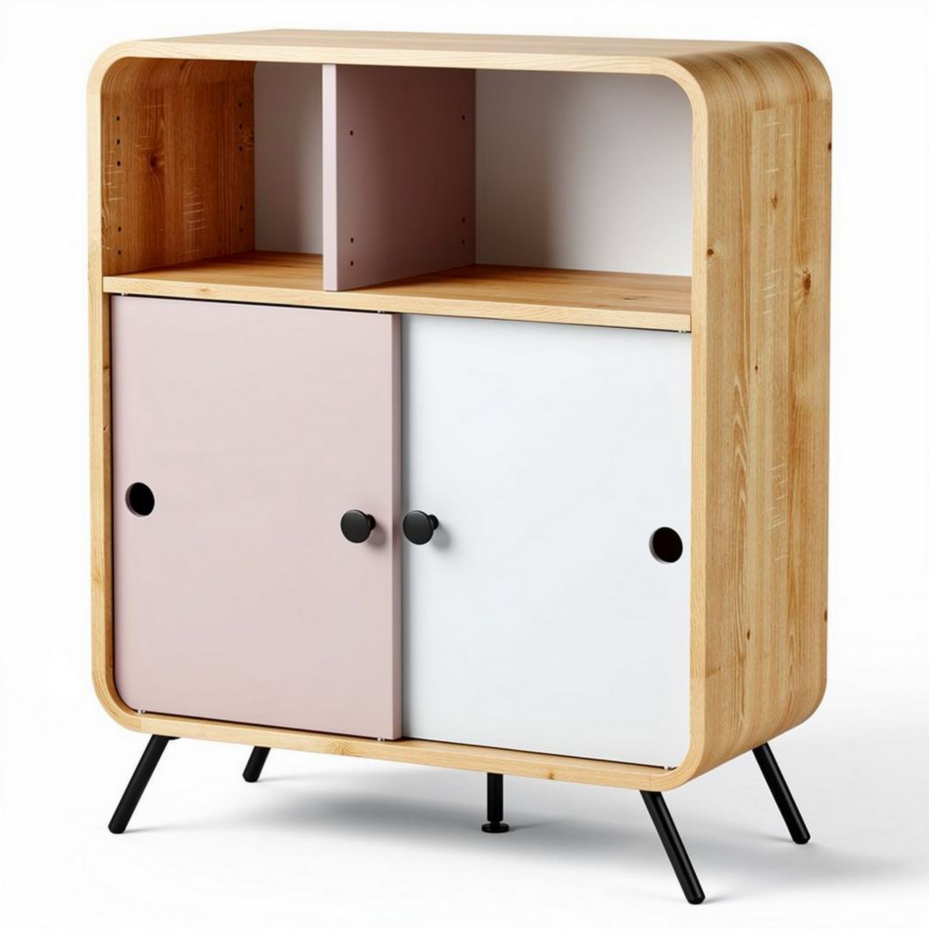 Wooden storage cabinet with two doors and open shelves 80 x 40 x 90cm