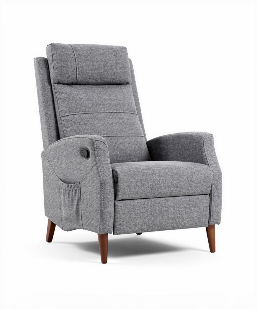 Fabric recliner chair with adjustable headrest and wooden legs in gray 80 x 70 x 110cm