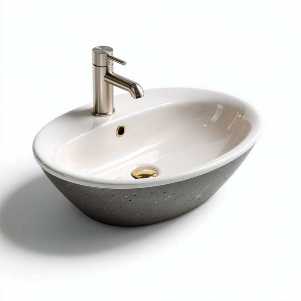 Ceramic oval sink with brushed nickel faucet and drain opening 50 x 35 x 15cm