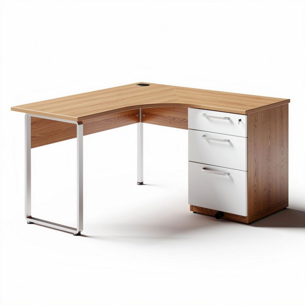 L-shaped office desk with three drawers and wood finish dimensions 150 x 150 x 75cm