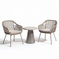 outdoor patio dining set with two chairs and round table in gray metal and fabric 70 x 70 x 75cm