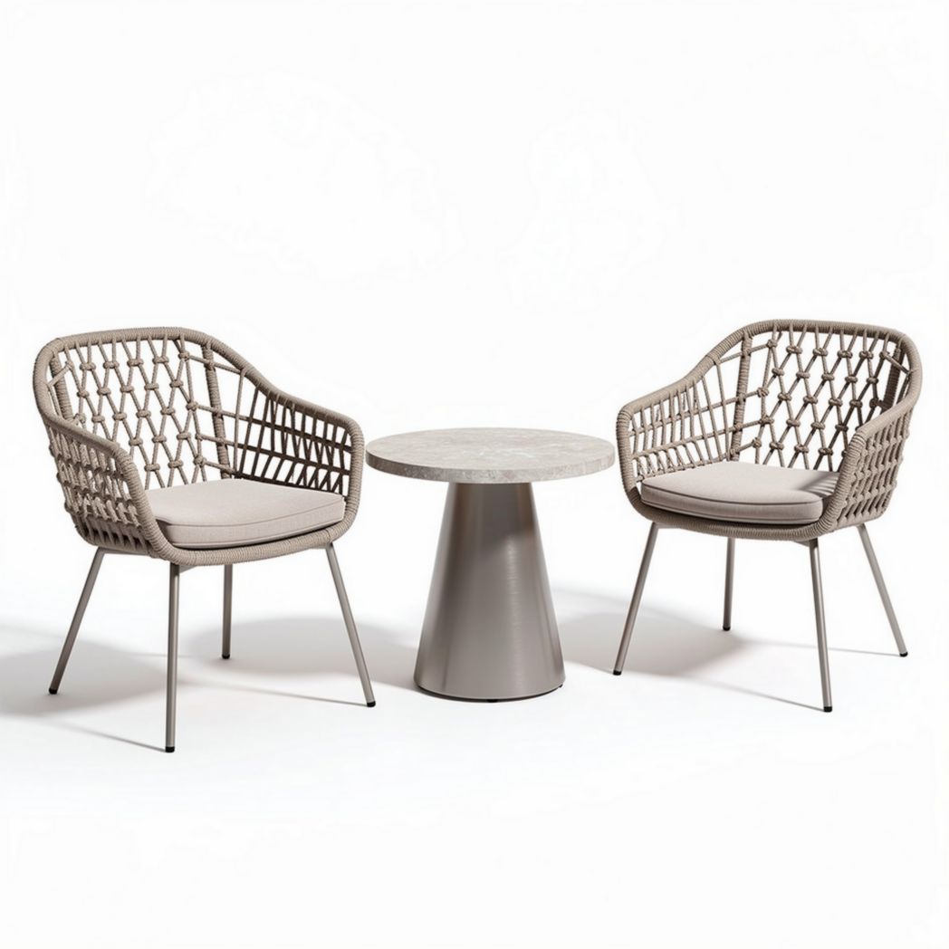 outdoor patio dining set with two chairs and round table in gray metal and fabric 70 x 70 x 75cm