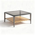 Square coffee table with tempered glass top and wood storage shelf 90 x 90 x 40cm