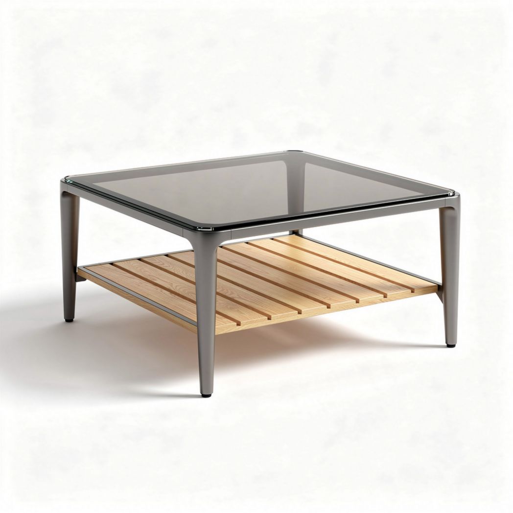 Square coffee table with tempered glass top and wood storage shelf 90 x 90 x 40cm